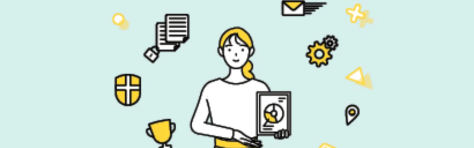 a person holding a chart with several images floating around them