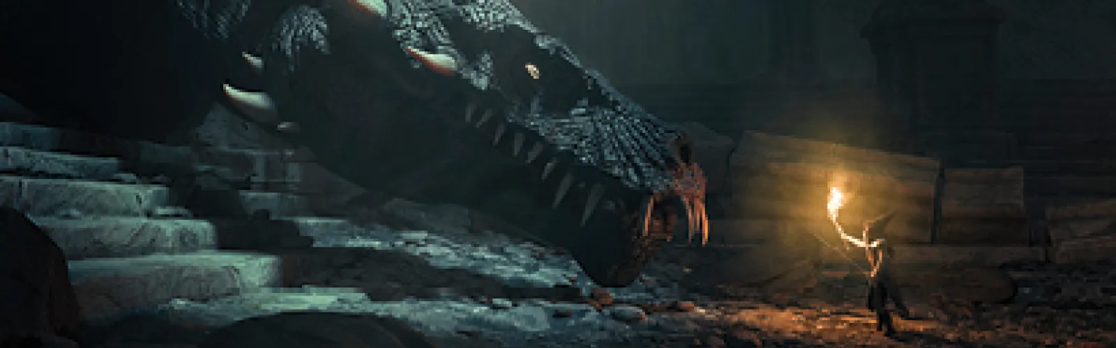 A scary scene with an explorer and a dragon