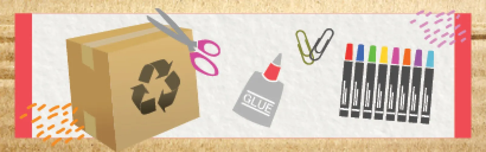 Markers, glue and a cardboard box